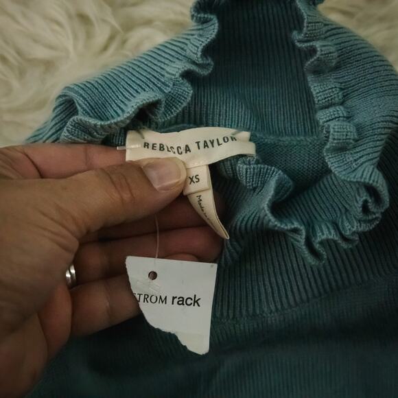 Rebecca Taylor Size XS Blue Mock Ruffle Neck Long Sleeve Merino Wool Sweater - Picture 6 of 9